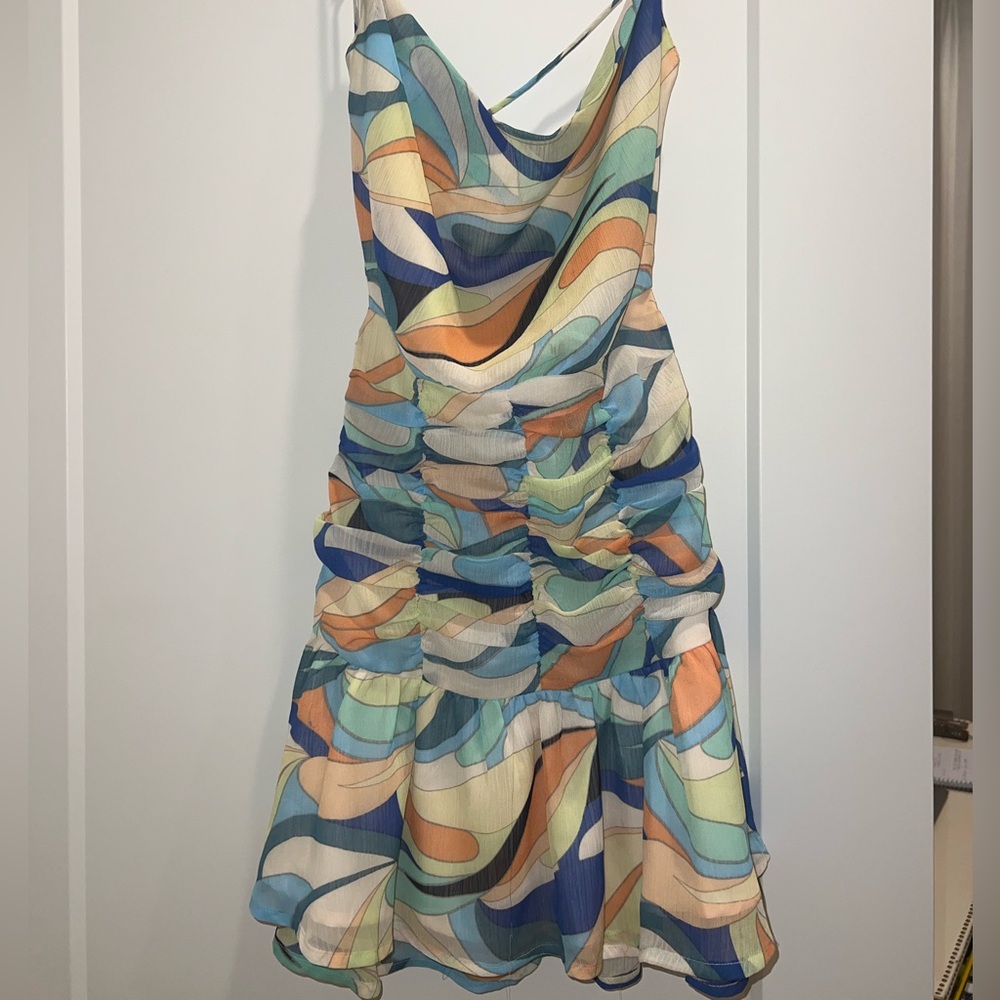 Ruby and Jenna mini open backed dress, multi-colored with rouche in front, XS